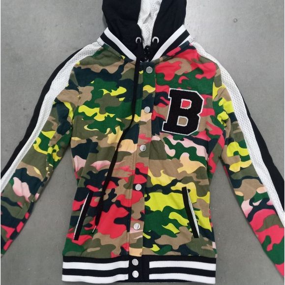 BEBE Colorful Camo Letterman Hoodie XS - Picture 3 of 7